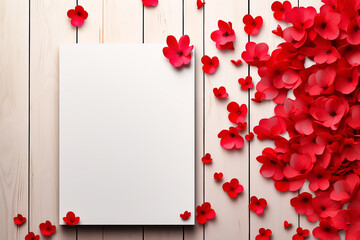 Delicate red flowers as a symbol of love are mixed on a Valentine's Day greeting card template. Flat lay, top view, copy space.