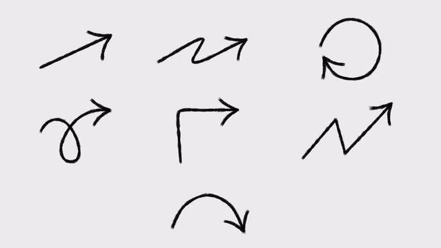 2d animation of appearance of animated hand-drawn arrows set with boil effect. 4K video with alpha-channel.