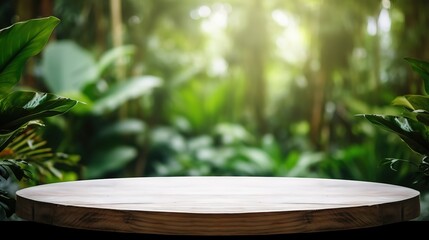 Table top wood counter floor podium in nature outdoors tropical forest garden blurred green jungle plant background.natural product present placement pedestal stand display. Generative Ai - obrazy, fototapety, plakaty