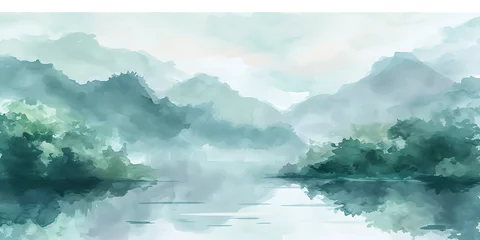  Uma pintura de paisagem serena retratando uma cena tranquila com montanhas, um lago reflexivo e uma paleta de cores suaves e pastéis. © Alexandre