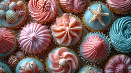 A bunch of cupcakes with different colored frosting, pink, cream and cyan colors, overhead shot.