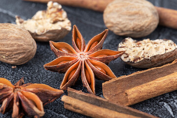 Background of cinnamon sticks, star anise and nutmeg