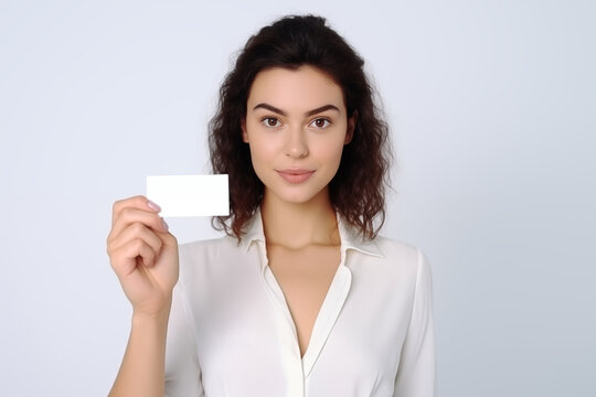 Smiling  girl handing a blank business card over white background