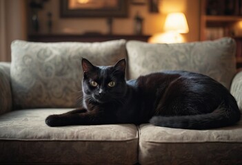 Black cat on an armchair with wear marks in front of the window on a warm day