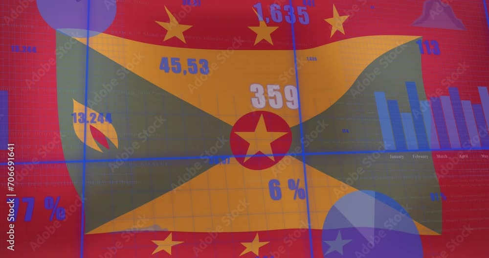 Poster animation of statistical data processing against waving grenada flag background