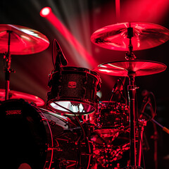 a close-up of a drum set bathed in red stage lighting, highlighting the reflective surfaces of the cymbals and drums