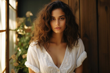 Fototapeta premium Curly-haired woman in white blouse posing by a wooden backdrop. Rustic charm: cottagecore beauty in natural light