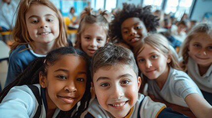 Class selfie in an elementary school. Kids taking a picture together in a co-ed school in a classroom. - obrazy, fototapety, plakaty