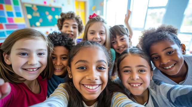 Class selfie in an elementary school. Kids taking a picture together in a co-ed school in a classroom.