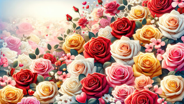 Blooming roses and flowers. Valentine's day background. Generative ai.