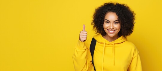 diverse mixed race woman smiling and showing thumbs up gesture on yellow background advertising banner copy space left - obrazy, fototapety, plakaty