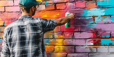 Um artista de rua capturado em movimento, lata de spray na mão, criando um mural vibrante em uma...