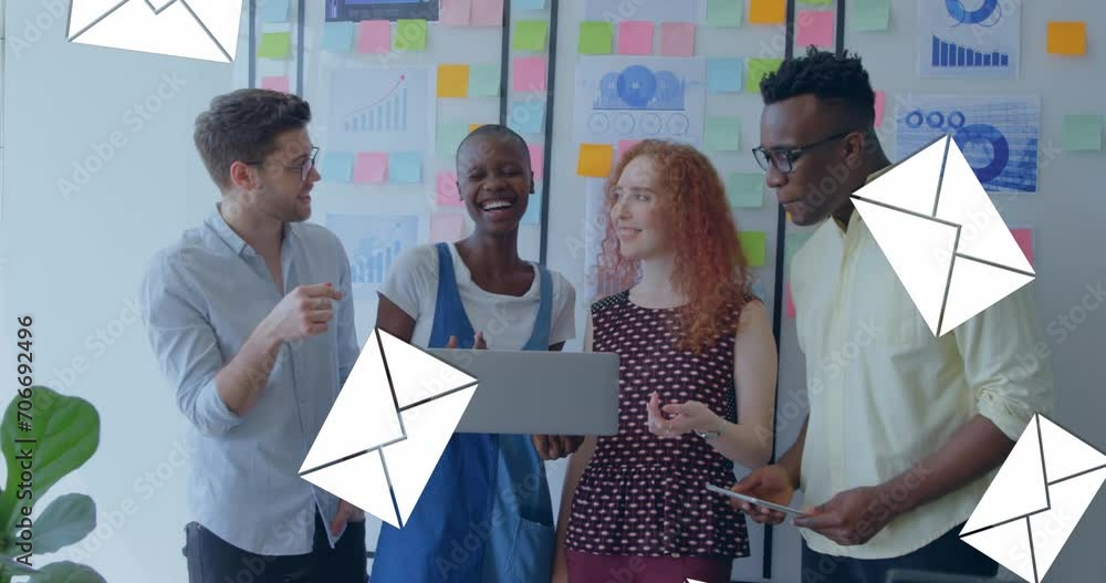 Poster animation of message icons faling against team of diverse colleagues smiling together at office