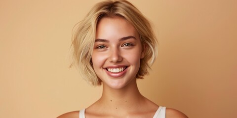 blonde woman on a beige background portrait close-up Generative AI