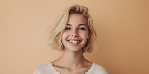 blonde woman on a beige background portrait close-up Generative AI - obrazy, fototapety, plakaty