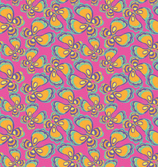 Retro groovy butterflies seamless pattern on pink background. Butterfly ornament For girl textile, fashion fabric and stationary, wrapping paper.
