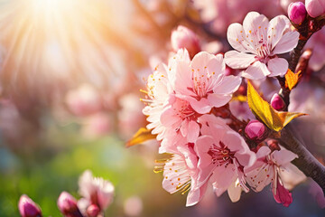 Spring blossom border. Nature's beauty with blooming tree, sun flare, and abstract blurred background. Perfect for Easter and spring-themed visuals.
