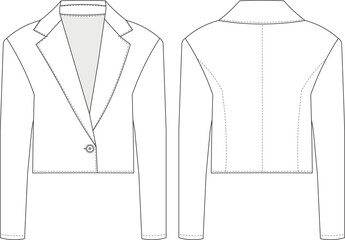 single button v neck long sleeve short blazer jacket template technical drawing flat sketch cad mockup fashion woman design style model - obrazy, fototapety, plakaty