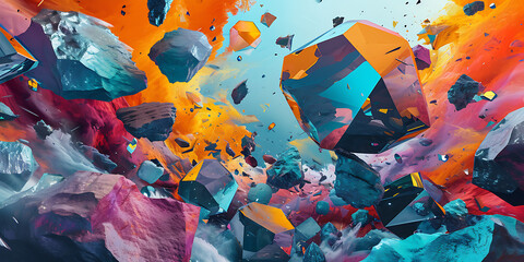 Uma obra de arte digital surreal apresentando formas geométricas flutuantes e cores vibrantes, de outro mundo.