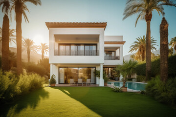 Villa with swimming pool. Spanish house Real Estate. Villa in Costa Blanca, Spain. Modern apartment buildings, House Facade exterior design. Luxury Villa exterior with green garden and palm trees. - obrazy, fototapety, plakaty