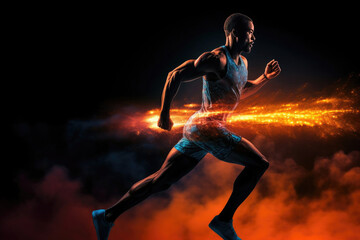 Black sportsman muscular athlete runs on black background, in profile, close-up with fire effects and colored smoke