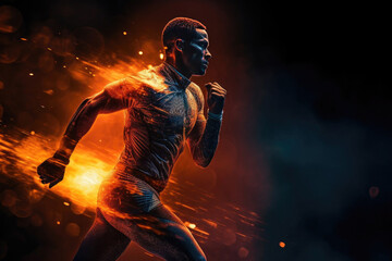 Fototapeta na wymiar Black sportsman muscular athlete runs on black background with space for text and fire effects, colored smoke