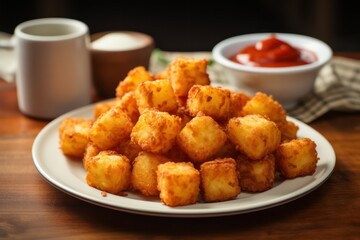 tater tots potato snack in the kitchen with ketchup tomato sauce