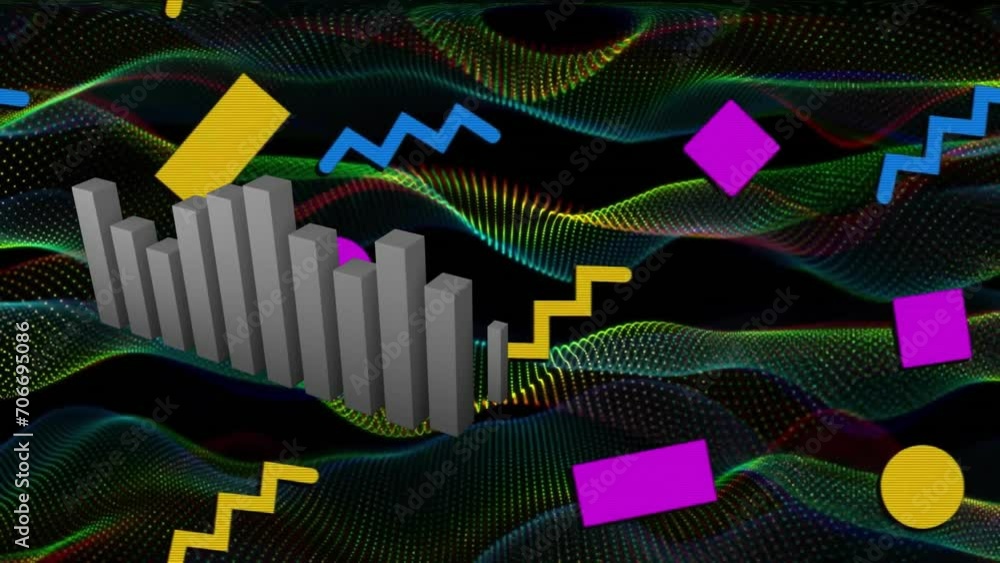 Poster Animation of bar graph, squares, circles, rectangle and zigzag pattern over dynamic wave pattern