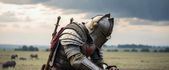 A knight in full armor kneels on the ground in a field of grass. He wears a metal helmet and stares down