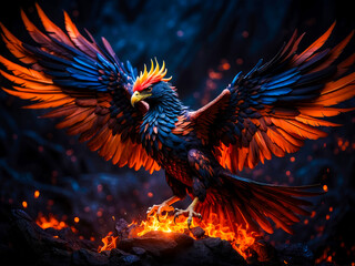 Phoenix Bird, Born of Fire, Illustration: A Majestic Display of Rebirth Amidst Flames, Restoring the Fallen World with Every Fiery Plume and Ember’s Glow
