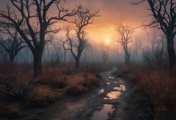 Obraz premium Scorched earth with dirt walking track, path through burnt landscape after bushfire, forest fire