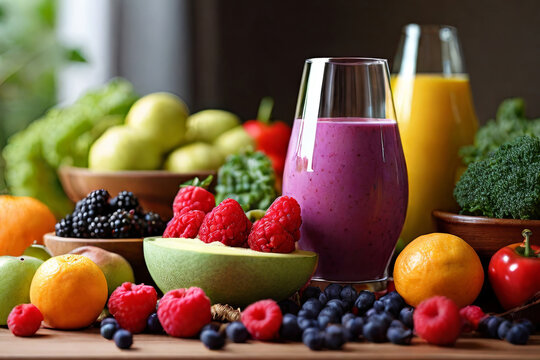 Healthy still life. Fruits, vegetables, yoga, and smoothies. A vibrant portrayal of wellness and a wholesome lifestyle. Perfect for health concepts.