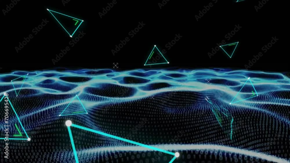 Poster animation of connected dots forming geometric shapes and dynamic wave pattern over black background