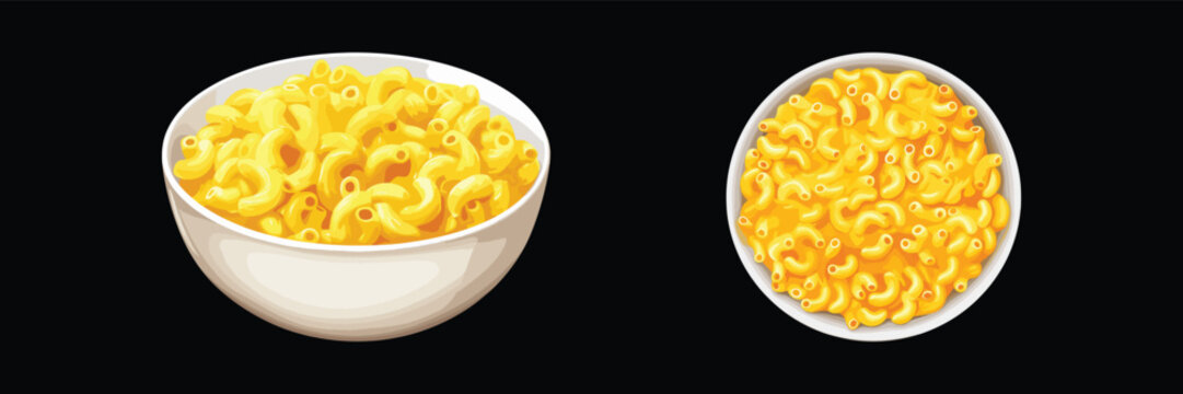 Set of bowl of macaroni and cheese, menu, vector illustration isolated on black background