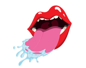 Pop art element, womans mouth with tongue sticking out. Half open red lips licking with a saliva tongue