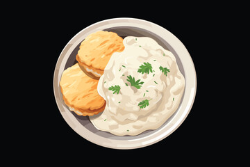 American biscuits covered with thick white sausage gravy, menu, vector illustration isolated on black background