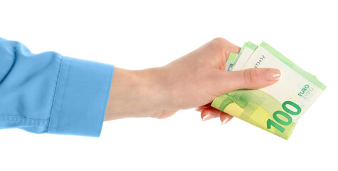 Female hand holding one hundred paper euro currency