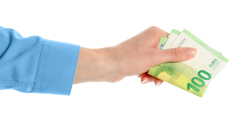 Female hand holding one hundred paper euro currency