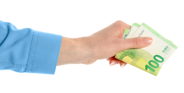 Female hand holding one hundred paper euro currency
