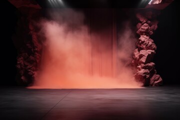 The dark stage shows, empty coral, peach, salmon The dark stage shows, empty coral, peach, salmon background, neon light, spotlights, The asphalt floor and studio room with smoke 
