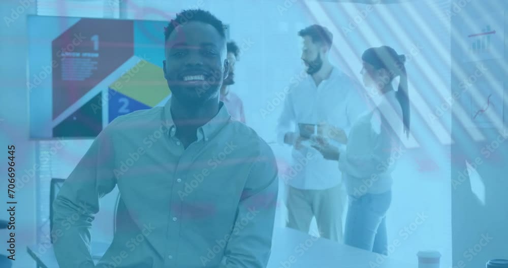 Poster animation of graphs, globe and computer language, smiling african american man standing in office