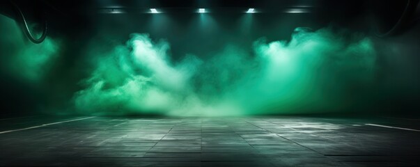 The dark stage shows, empty emerald, teal, lime background, neon light, spotlights, The asphalt floor and studio room with smoke