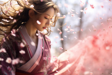 Ethereal woman in a pink kimono holding sakura blossoms.