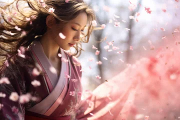 Poster Ethereal woman in a pink kimono holding sakura blossoms. © Anna