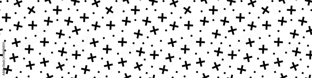 Poster geometric memphis crosses and squares seamless pattern. black and white simple modern design with re