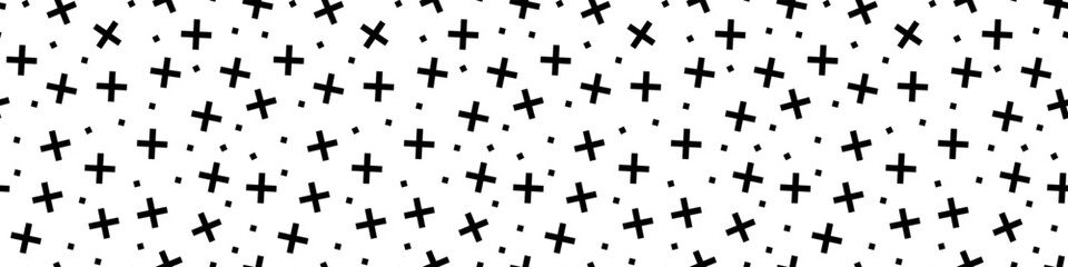 Obraz premium Geometric memphis crosses and squares seamless pattern. Black and white simple modern design with repeats in 90s graphic style with chaotic vector textures.