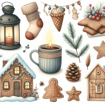 DWatercolor elements winter hygge clipart with cone cookies garlands houses and glovesesign sem nome - 1