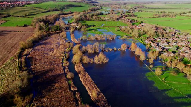 Aerial shot of flooded Avon Valley near Salisbury, UK