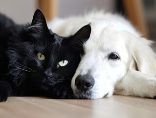 White dog and black cat together.