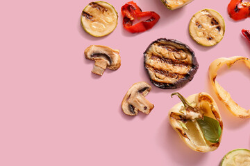 Tasty grilled vegetables on pink background